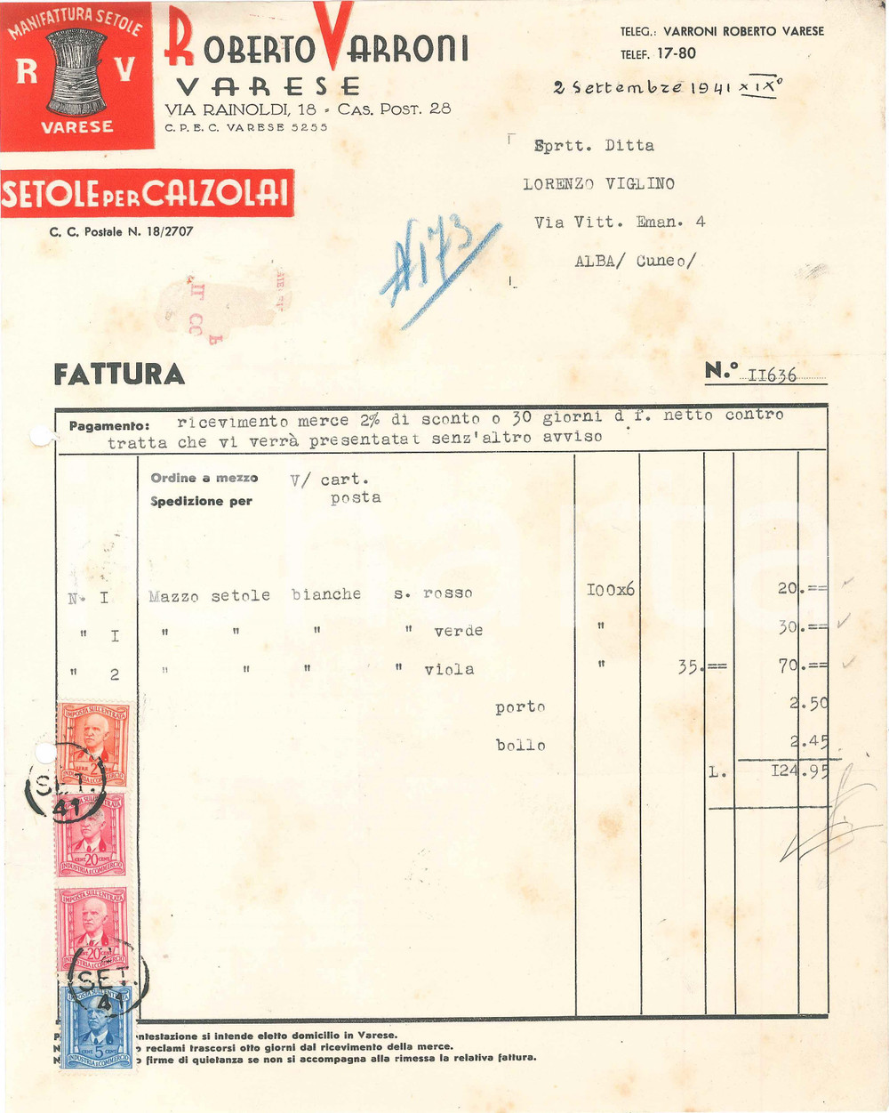 1941 VARESE Roberto VARRONI Manifattura setole per calzolai - Fattura Fattura commerciale d'epoca, dattiloscritta, su carta intestata illustrata.Con marche da bollo.CONDIZIONI: FAIR (piegature d'epoca, residuo di incollatura al verso)    originale e autentica 1