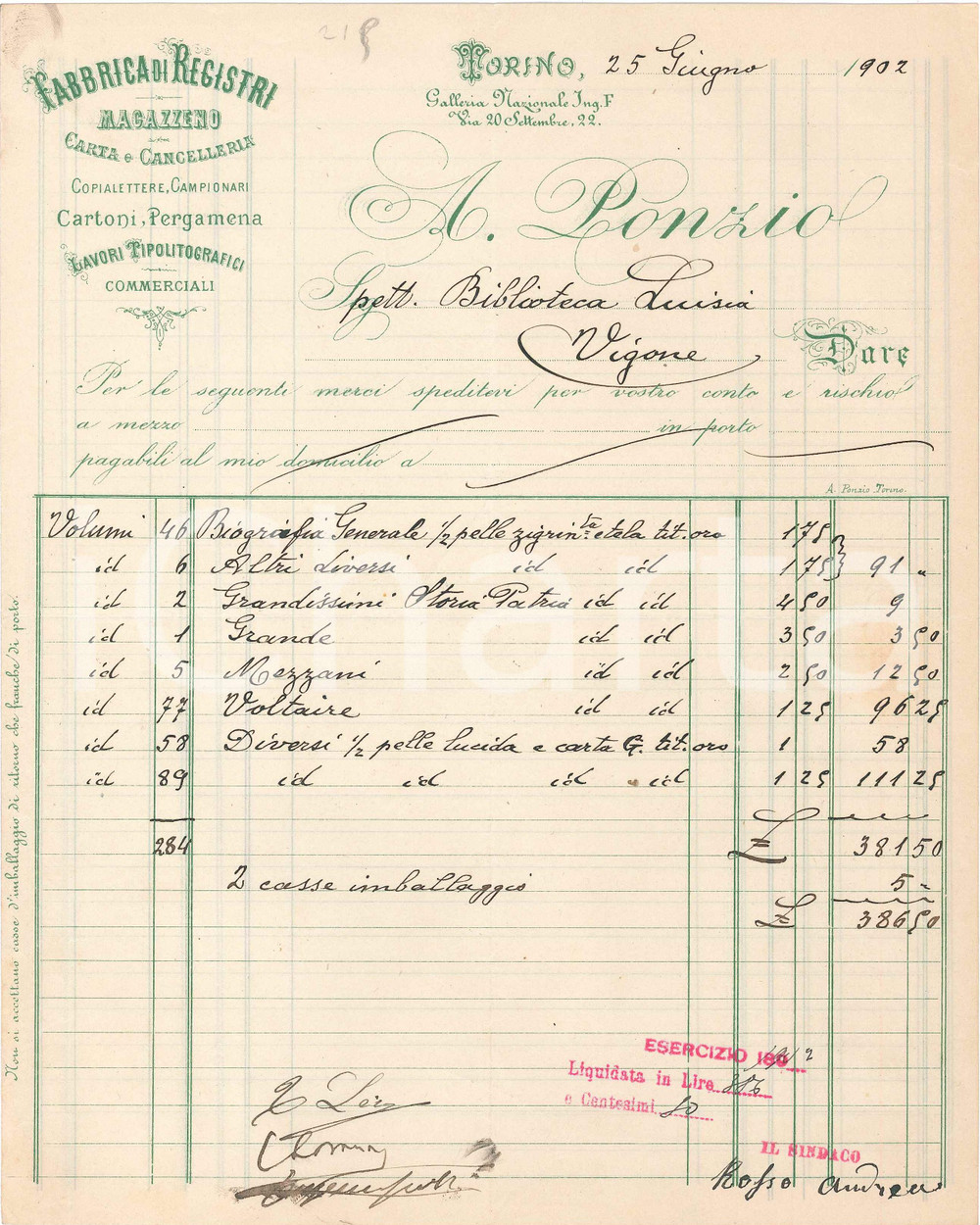 1902 TORINO Via 20 Settembre, 22 - A. PONZIO Fabbrica di registri - Fattura Fattura commerciale d'epoca, manoscritta, su carta intestata.CONDIZIONI: FAIR (piegature d'epoca)    originale e autentica 1