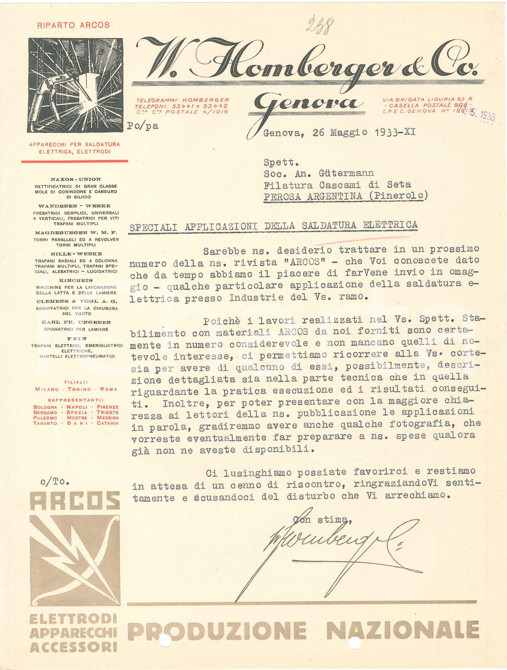1933 GENOVA Ditta W. HOMBERGER Lettera per articolo su rivista ARCOS Saldatura Lettera commerciale su carta intestata, illustrata.CONDIZIONI: FAIR (piegature d'epoca, fori da classificatore al margine inferiore)FORMATO: 21x28 cm    originale e autentica 1