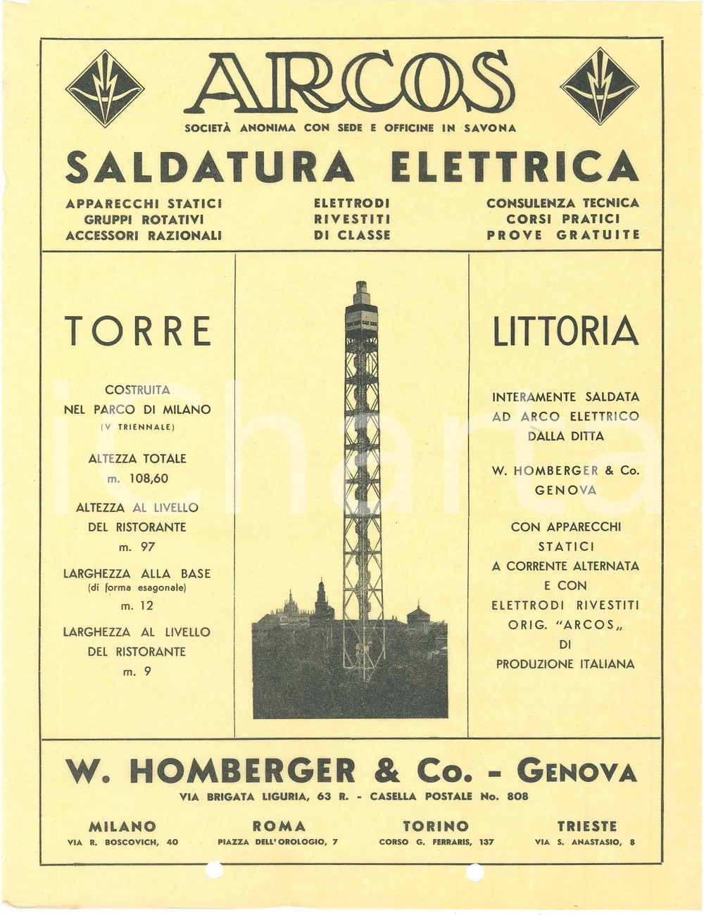 1935 ca SAVONA Ditta ARCOS Saldatura elettrica - TORRE LITTORIA MILANO Volantino Volantino pubblicitario d'epoca, illustrato.CONDIZIONI: F (piegature d'epoca; fori da classificatore al lato inferiore)FORMATO: 22x28 cm    originale e autentica 1