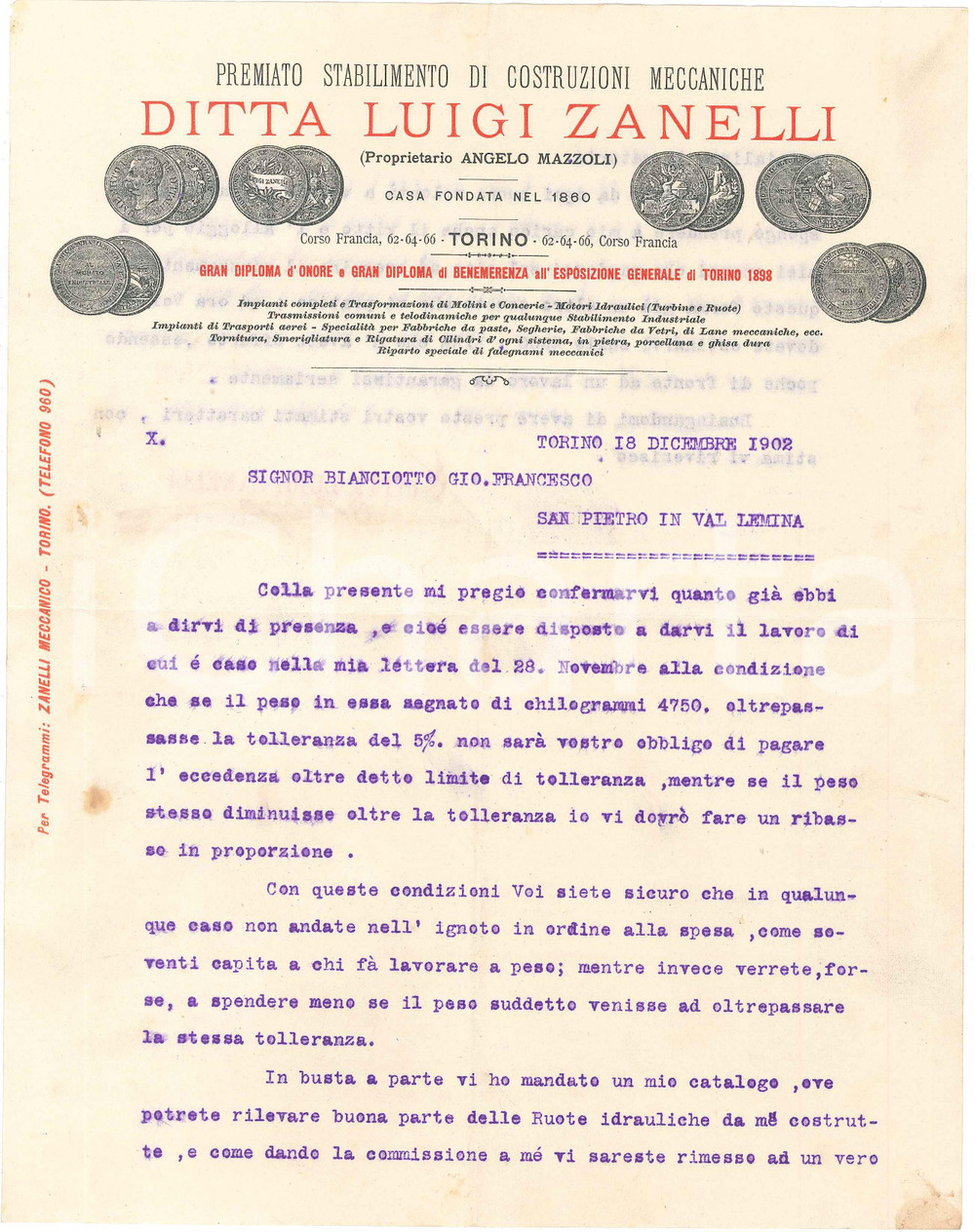 1902 TORINO Ditta Luigi ZANELLI Costruzioni meccaniche - Lettera commerciale Lettera commerciale d'epoca, dattiloscritta, su carta intestata illustrata.CONDIZIONI: FAIR (piegature d'epoca)    originale e autentica 1