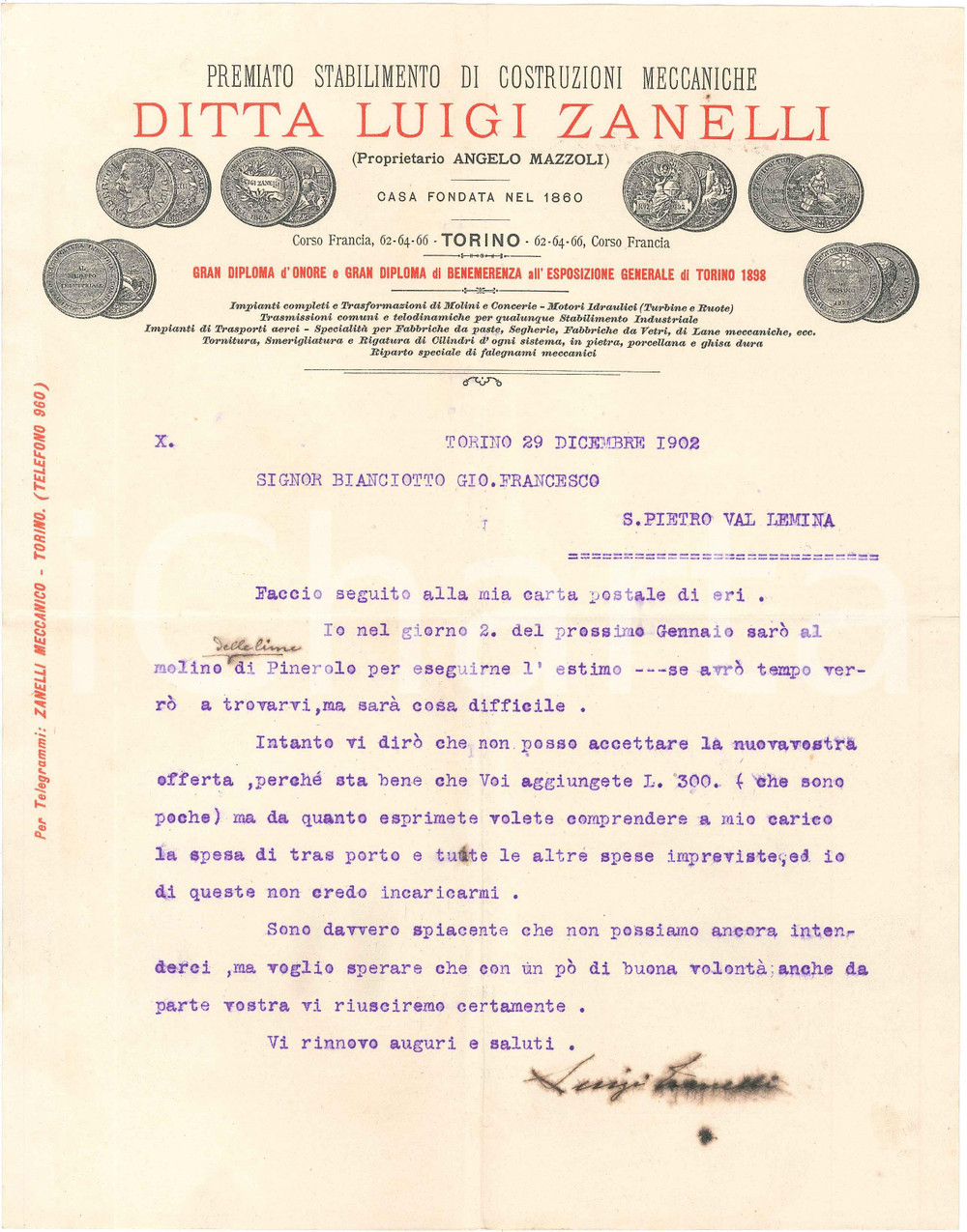 1902 TORINO Ditta Luigi ZANELLI Costruzioni meccaniche - Lettera commerciale 1 Lettera commerciale d'epoca, dattiloscritta, su carta intestata illustrata.CONDIZIONI: FAIR (piegature d'epoca)    originale e autentica 1
