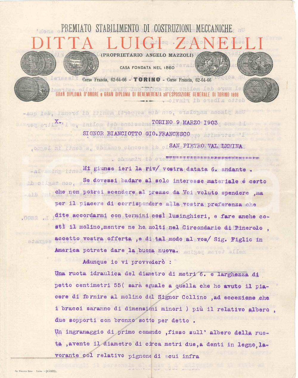 1903 TORINO Ditta Luigi ZANELLI Costruzioni meccaniche - Preventivo per mulino Lettera commerciale d'epoca, dattiloscritta, su carta intestata illustrata.CONDIZIONI: FAIR (piegature d'epoca)    originale e autentica 1