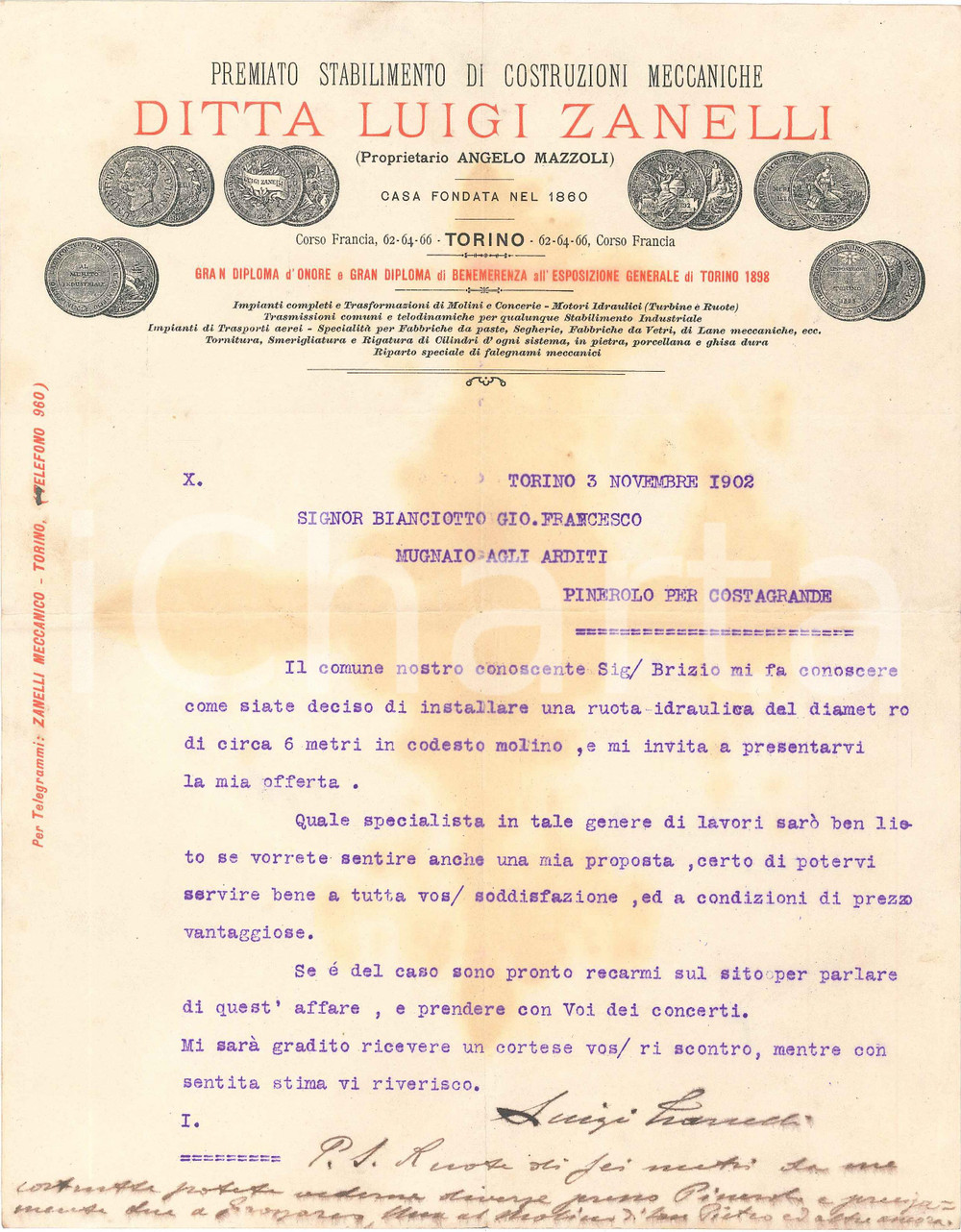 Documento originale, autentico 1902 TORINO Luigi ZANELLI Costruzioni meccaniche Preventivo ruota idraulica 1
