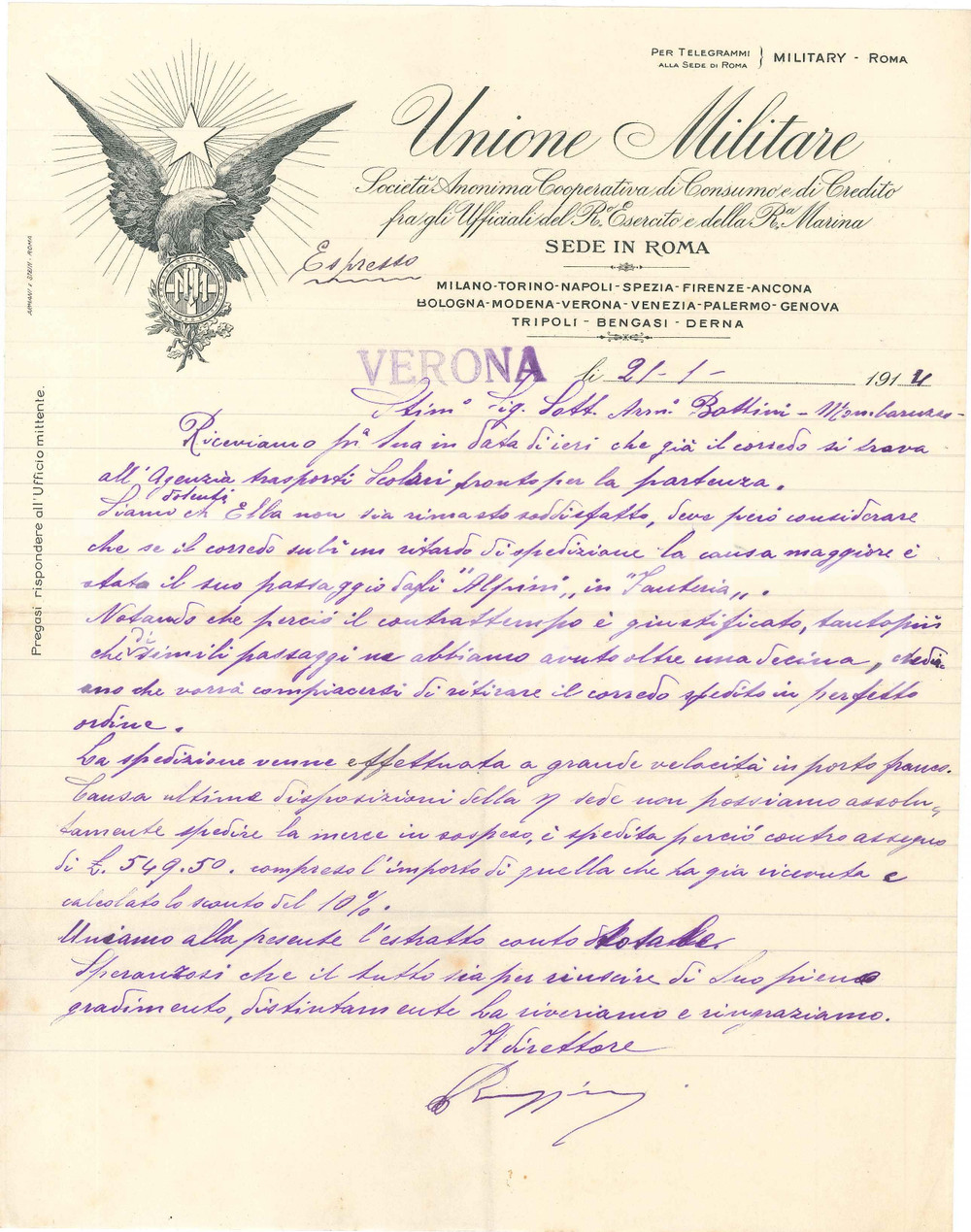 1914 VERONA UNIONE MILITARE Cooperativa di consumo - Lettera carta intestata Lettera manoscritta, relativa alla spedizione di un corredo, su carta intestata.CONDIZIONI: FAIR (piegature d'epoca)PAGINE: 1    originale e autentica 1