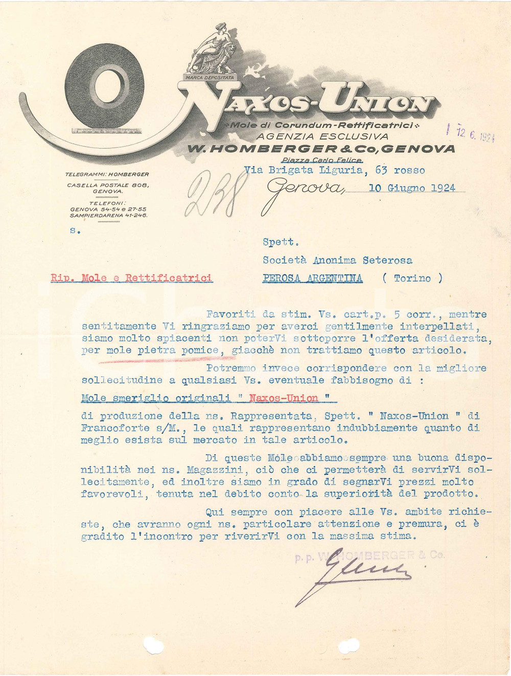 1924 GENOVA - W. HOMBERGER & C - NAXOS UNION (1) - Mole di Corundum *Lettera Lettera commerciale d'epoca, dattiloscritta, su carta intestata illustrata.Genova - via Brigata Liguria 63CONDIZIONI: F (piegature d'epoca, fori da classificatore al lato inferiore)PAGINE: 1    originale e autentica 1