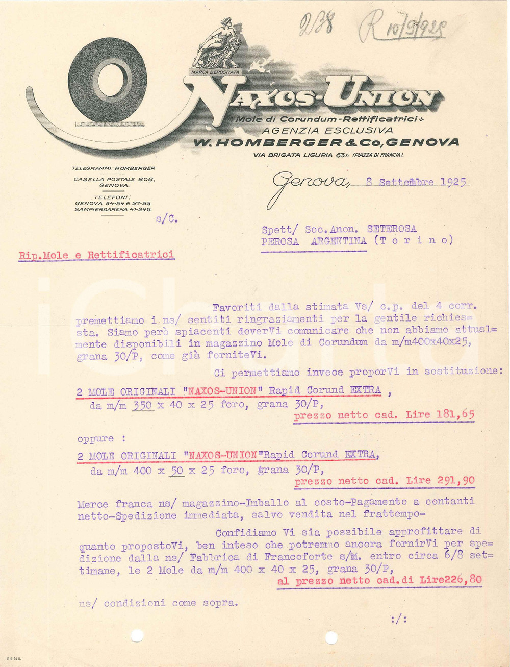 1925 GENOVA - W. HOMBERGER & C - NAXOS UNION (3) - Mole di Corundum *Lettera Lettera commerciale d'epoca, dattiloscritta, su carta intestata illustrata.Genova - via Brigata Liguria 63CONDIZIONI: F (piegature d'epoca, fori da classificatore al lato inferiore)PAGINE: 1    originale e autentica 1