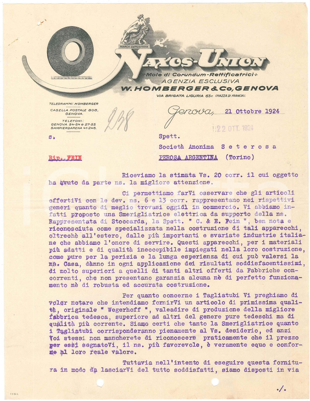 1924 GENOVA - W. HOMBERGER & C - NAXOS UNION (4) - Mole di Corundum *Lettera Lettera commerciale d'epoca, dattiloscritta, su carta intestata illustrata.Genova - via Brigata Liguria 63CONDIZIONI: F (piegature d'epoca, fori da classificatore al lato inferiore, piccoli fori con tracce di ruggine all'angolo superiore sinistro)PAGINE: 1    originale e autentica 1