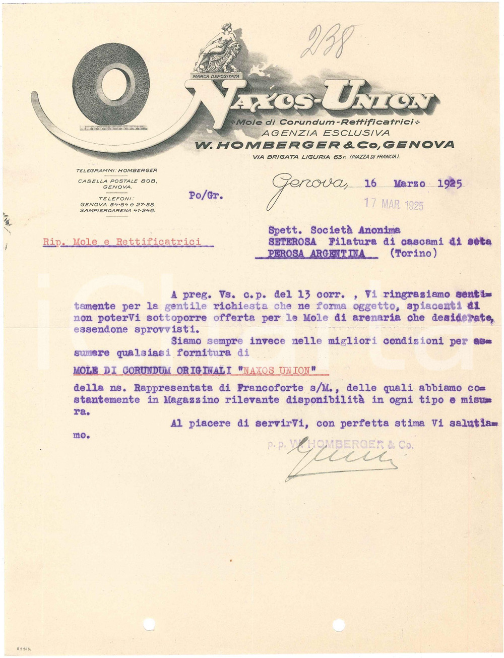 1925 GENOVA - W. HOMBERGER & C - NAXOS UNION (5) - Mole di Corundum *Lettera Lettera commerciale d'epoca, dattiloscritta, su carta intestata illustrata.Genova - via Brigata Liguria 63CONDIZIONI: F (piegature d'epoca, fori da classificatore al lato inferiore)PAGINE: 1    originale e autentica 1