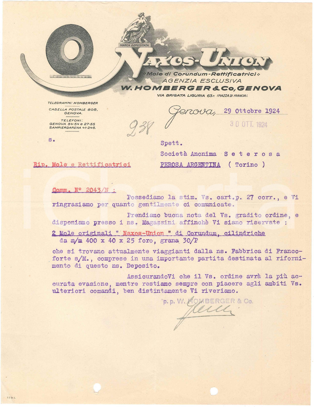 1924 GENOVA - W. HOMBERGER & C - NAXOS UNION (7) - Mole di Corundum *Lettera Lettera commerciale d'epoca, dattiloscritta, su carta intestata illustrata.Genova - via Brigata Liguria 63CONDIZIONI: F (piegature d'epoca, fori da classificatore al lato inferiore)PAGINE: 1    originale e autentica 1