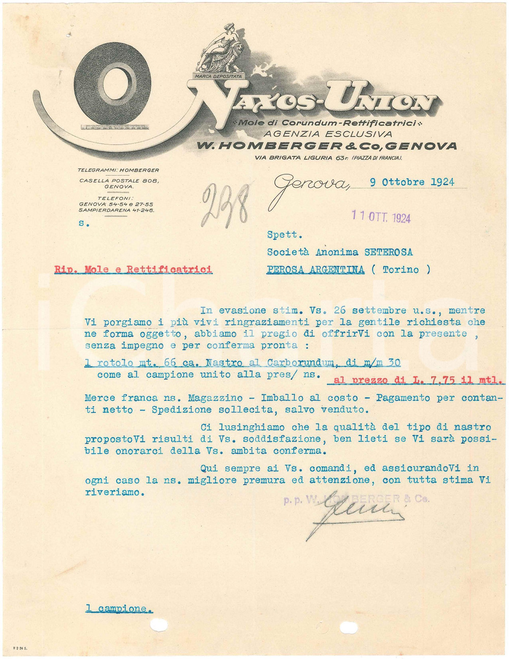 1924 GENOVA - W. HOMBERGER & C - NAXOS UNION (9) - Mole di Corundum *Lettera Lettera commerciale d'epoca, dattiloscritta, su carta intestata illustrata.Genova - via Brigata Liguria 63CONDIZIONI: F (piegature d'epoca, fori da classificatore al lato inferiore, piccoli fori all'angolo superiore sinistro)PAGINE: 1    originale e autentica 1