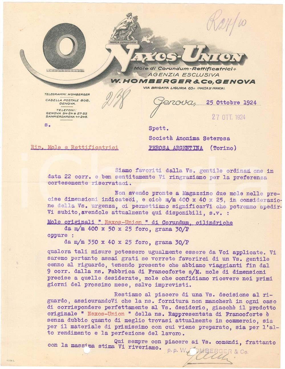 1924 GENOVA - W. HOMBERGER & C - NAXOS UNION (10) - Mole di Corundum *Lettera Lettera commerciale d'epoca, dattiloscritta, su carta intestata illustrata.Genova - via Brigata Liguria 63CONDIZIONI: F (piegature d'epoca, fori da classificatore al lato inferiore)PAGINE: 1    originale e autentica 1