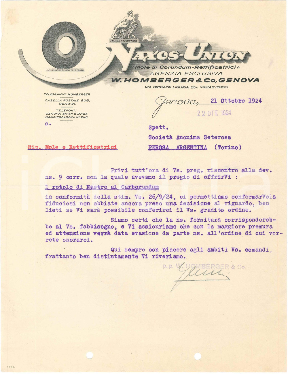 1924 GENOVA - W. HOMBERGER & C - NAXOS UNION (11) - Mole di Corundum *Lettera Lettera commerciale d'epoca, dattiloscritta, su carta intestata illustrata.Genova - via Brigata Liguria 63CONDIZIONI: F (piegature d'epoca, fori da classificatore al lato inferiore)PAGINE: 1    originale e autentica 1