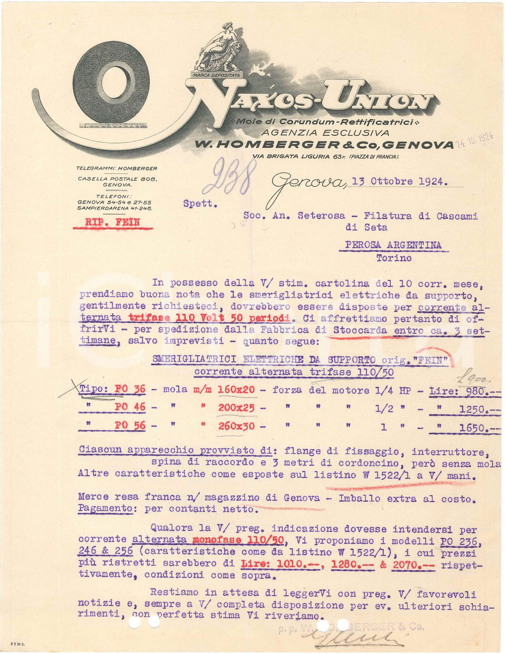 1924 GENOVA - W. HOMBERGER & C - NAXOS UNION (12) - Mole di Corundum *Lettera Lettera commerciale d'epoca, dattiloscritta, su carta intestata illustrata.Genova - via Brigata Liguria 63CONDIZIONI: F (piegature d'epoca, fori da classificatore al lato inferiore, piccoli fori all'angolo superiore sinistro)PAGINE: 1    originale e autentica 1