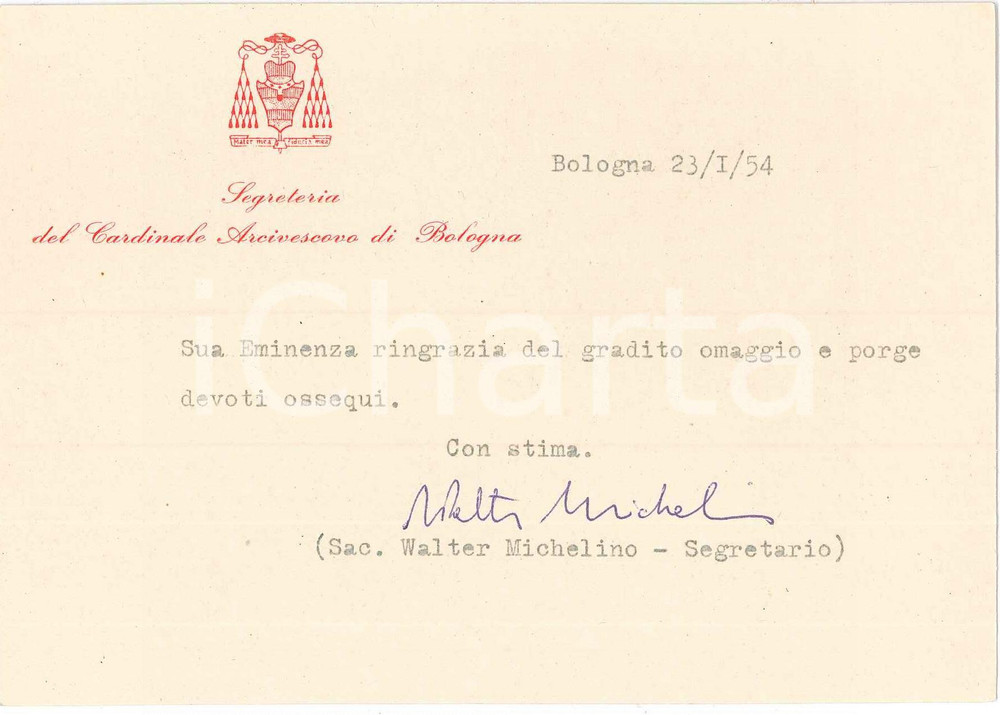 1954 BOLOGNA Don Walter MICHELINO Segretario arcivescovo - Biglietto autografo Biglietto con messaggio dattiloscritto e firma autografa.CONDIZIONI: GFORMATO: 15x11 cm    originale e autentica 1