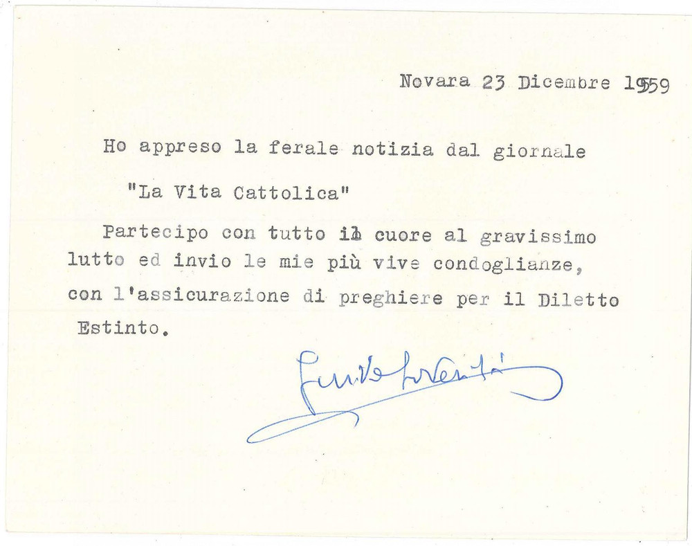 1959 NOVARA Guido LOVERITI Cav. Ordine S. Silvestro - Biglietto autografo Biglietto con messaggio dattiloscritto e firma autografa.CONDIZIONI: GFORMATO: 15x12 cm    originale e autentica 1