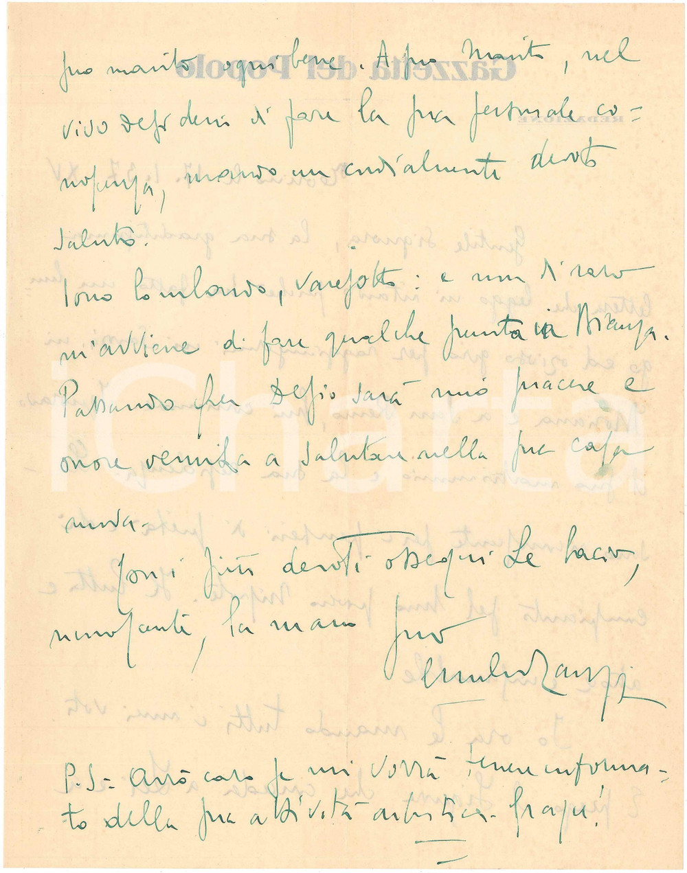 Autografo originale 1937 TORINO  GAZZETTA DEL POPOLO Lettera Emilio ZANZI condoglianze  AUTOGRAFO 1