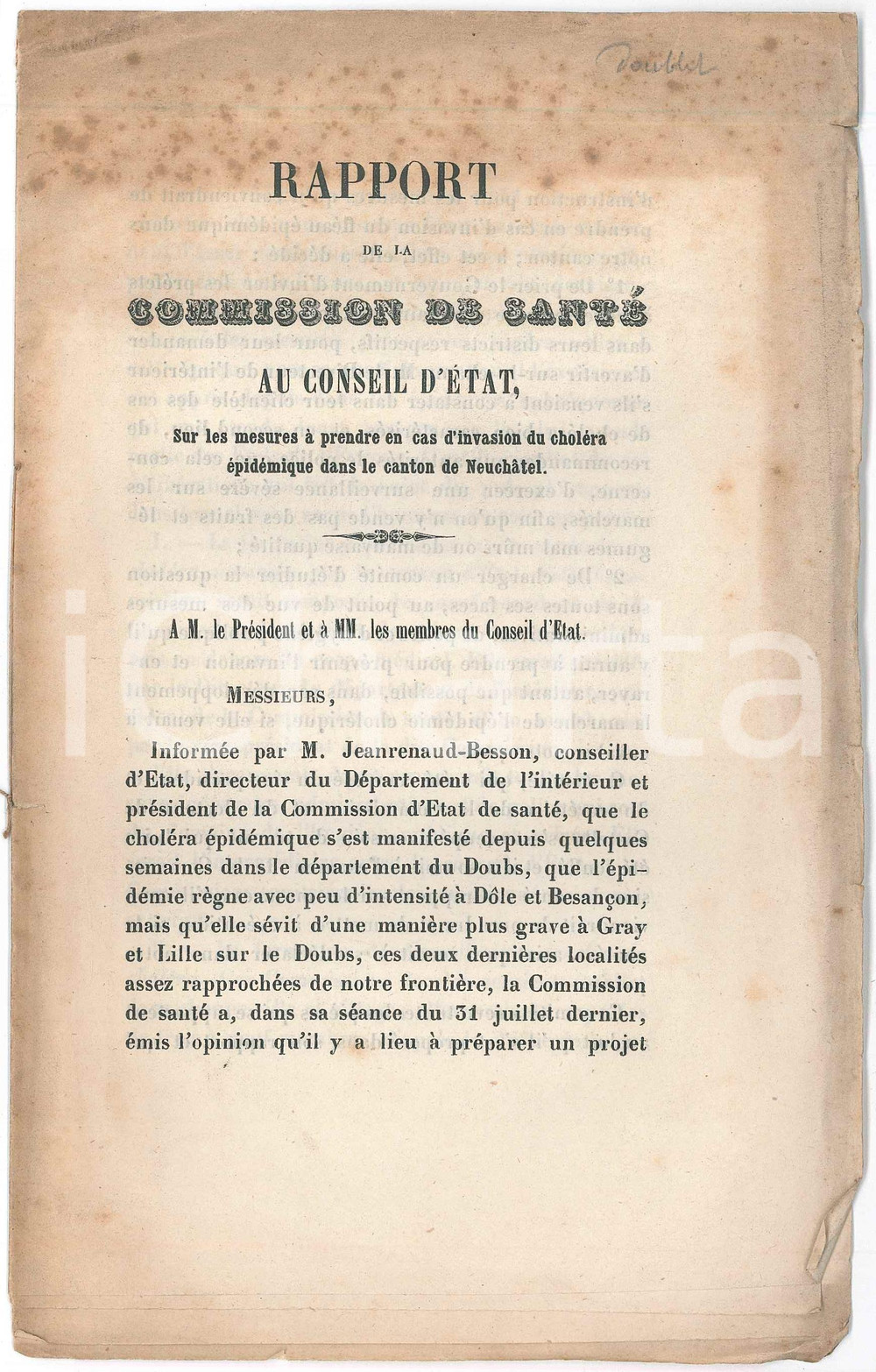 1854 SUISSE Canton NEUCHÃ‚TEL - Commission de SantÃ© - Mesures en cas de cholÃ©ra Pubblicazione d'epoca in forma di fascicolo, privo di copertina.Intonso.PAGINE: 16 VERY POOR/gravemente danneggiato piegature al lato superiore e fioriture evidenti Formato: 14x22 cm originale e autentica 1