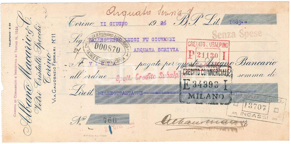 1926 TORINO Albano MACARIO & C. via Ferrari 11 - Vetrate *Assegno pubblicitario Assegno pubblicitario d'epoca. FAIR/discreto piegature d'epoca  originale e autentica 1