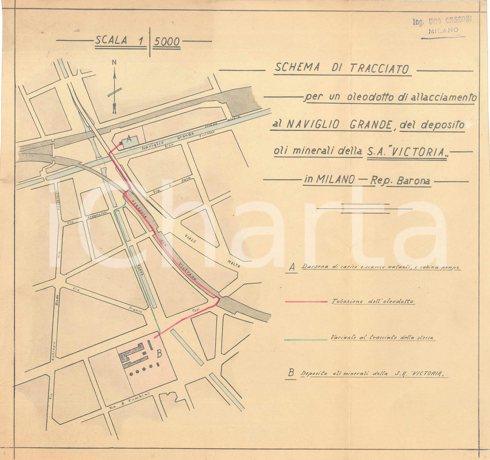 1940 ca MILANO BARONA Ing. Ugo CASSONI Schema oleodotto per S. A. VICTORIA  Schema originale d'epoca, relativo al tracciato per un oleodotto di allacciamento al Naviglio Grande.   FAIR/discreto piegature d'epoca; minimi fori di affissione Formato: 31x29 cm originale e autentica 1