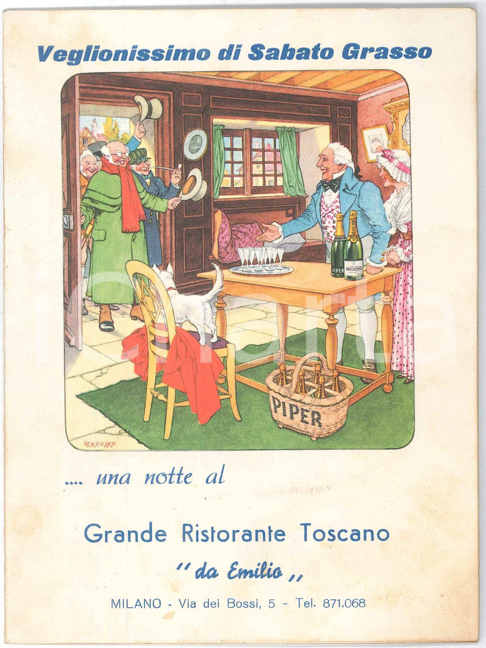 Oggetto da collezione cartaceo 1950 ca MILANO Ristorante Toscano DA EMILIO  Veglionissimo Sabato Grasso  Menù 1