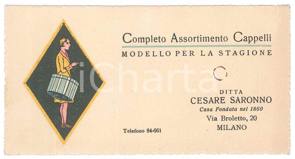 1930 ca MILANO via Broletto 20 - Ditta Cesare SARONNO - Cappelli - Biglietto Cartoncino pubblicitario d'epoca.CONDIZIONI: FAIR (lieve piegatura) FAIR/discreto piegatura al lato superiore Formato: 12x7 cm originale e autentica 1