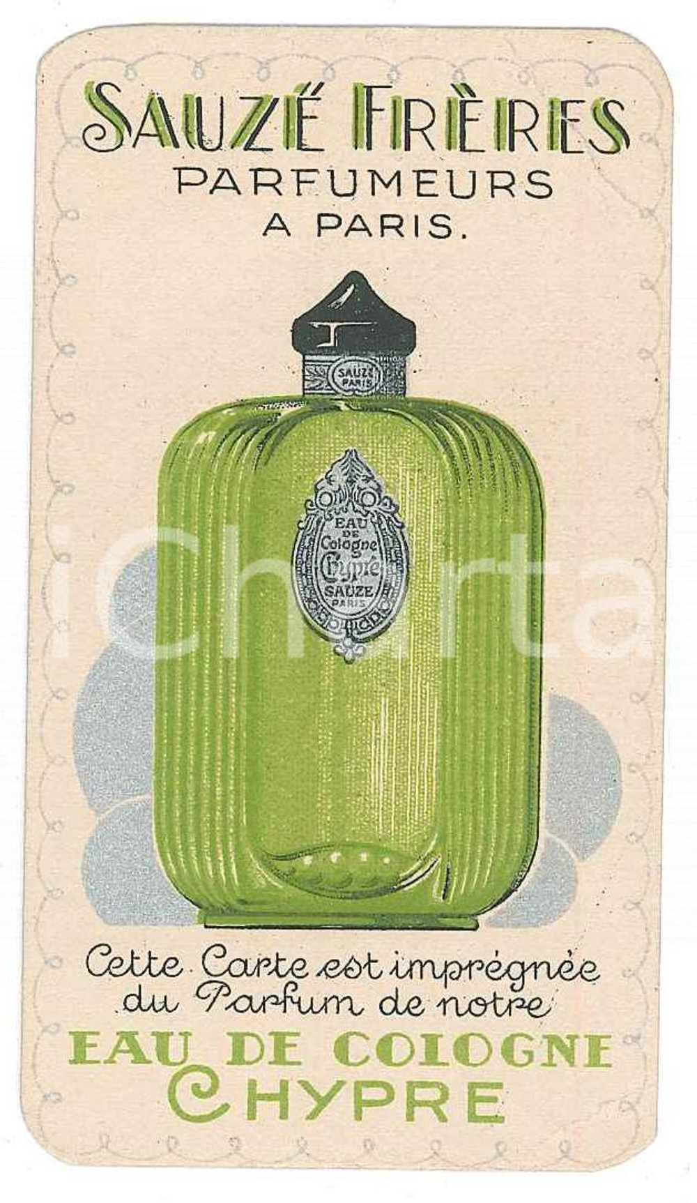 1920 ca PARIS - SAUZE Frères - Cartoncino profumato EAU DE COLOGNE CHYPRE 5x8 Cartoncino pubblicitario d'epoca, profumato.CONDIZIONI: FAIR (lieve piegatura) FAIR/discreto piegature angolari Formato: 5x8 cm originale e autentica 1