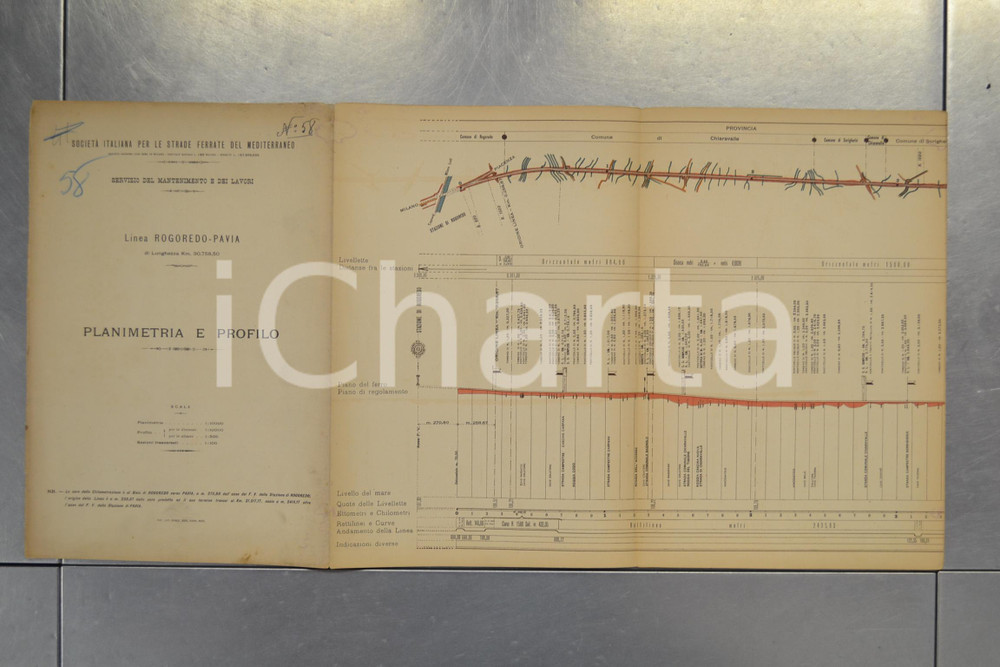 1904 STRADE FERRATE MEDITERRANEO Linea ROGOREDO - PAVIA Planimetria INCOMPLETA Planimetria originale d'epoca. "Societ&agrave; italiana per le strade ferrate del MediterraneoServizio del mantenimento e dei lavoriLinea Rogoredo - Pavia"Attenzione: il documento risulta incompleto e mancante di alcune pagine. La stazione presente nell'ultima tavola disponibile &egrave; quella del comune di Villamaggaiore. VERY POOR/gravemente danneggiato Ultime tavole mancanti. Gualciture. Formato: 31x180 cm originale e autentica 1
