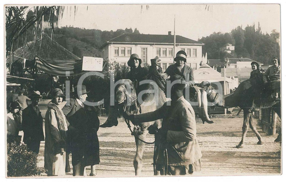 1925 ca ITALIA Manifestazione - Donne  su cammelli in padiglione africano *Foto  Fotografia d'epoca, in formato cartolina postale. FAIR/discreto lievi graffi superficiali; residui di colla al verso Formato:  14x9 cm originale e autentica 1