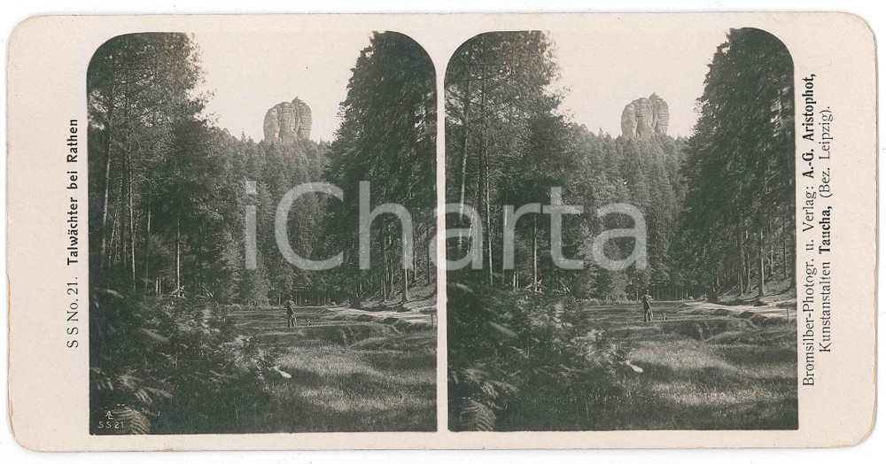 1890 ca SCHWEIZ - Talwächter bei Rathen *Stereoview n° 21 Fotografia stereoscopica d'epoca, su cartoncino.FOTOGRAFO: AristophotEDITORE: Taucha-Leipzig  GOOD/buono  Formato: 18x9 cm originale e autentica 1