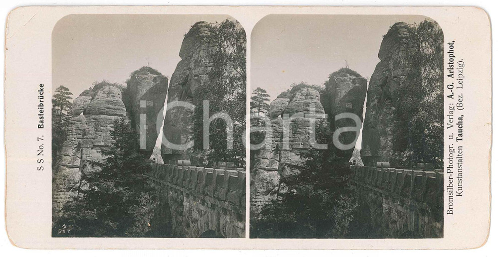1890 ca GERMANY - Basteibrucke *VINTAGE Stereoview n°7 Fotografia stereoscopica d'epoca, su cartoncino.FOTOGRAFO: AristophotEDITORE: Taucha-Leipzig  FAIR/discreto piegatura angolare Formato: 18x9 cm originale e autentica 1