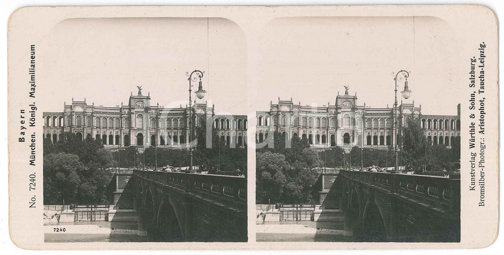 1890 ca GERMANY - MUNCHEN Maximilianeum - Stereoview n° 7240 Fotografia stereoscopica d'epoca, su cartoncino.FOTOGRAFO: Aristophot, Taucha-LeipzigEDITORE: Wurthle &amp; Sohn, Salzburg  GOOD/buono  Formato: 18x9 cm originale e autentica 1