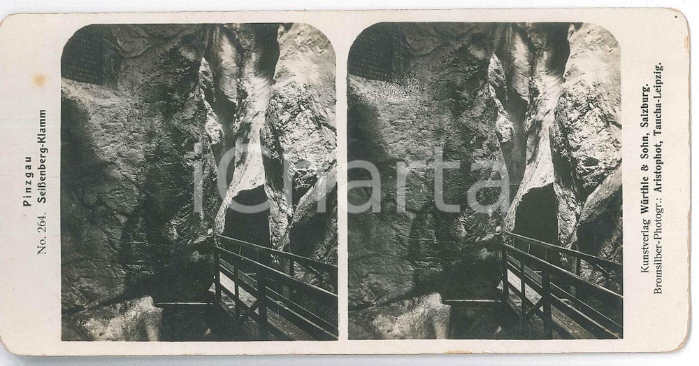 1890 ca AUSTRIA - PINZGAU - Seisenbergklamm *Stereoview n° 264 Fotografia stereoscopica d'epoca, su cartoncino.FOTOGRAFO: Aristophot, Taucha-LeipzigEDITORE: W&uuml;rthle &amp; Sohn, Salzburg  GOOD/buono ma macchia al lato sinistro Formato: 18x9 cm originale e autentica 1