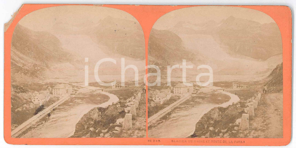 1880 ca SUISSE - Glacier du RHONE et Route de la FURKA *Stereoview n° 243 Fotografia stereoscopica d'epoca, su cartoncino rigido.  POOR/danneggiato mancanza angolare Formato: 18x9 cm originale e autentica 1