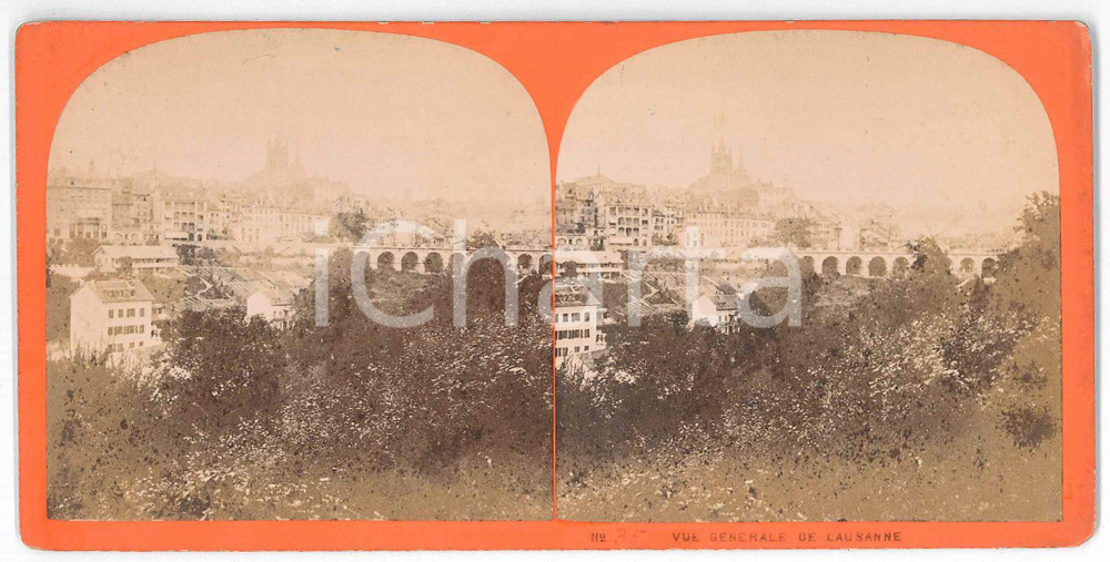 1880 ca SUISSE - LAUSANNE - Vue générale *Stereoview n° 35 Fotografia stereoscopica d'epoca, su cartoncino rigido.  FAIR/discreto lievi macchie Formato: 18x9 cm originale e autentica 1