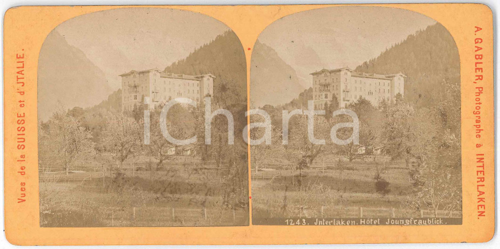 1880 ca SUISSE - INTERLAKEN Hotel JUNGFRAUBLICK *Stereoview A. GABLER n° 1050 Fotografia stereoscopica d'epoca, su cartoncino rigido.  FAIR/discreto difetti di stampa Formato: 18x9 cm originale e autentica 1