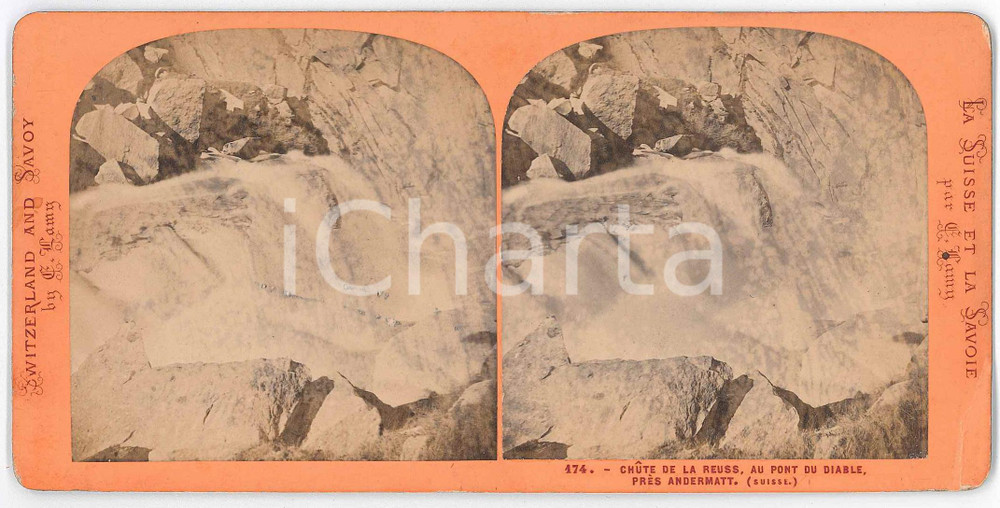 1880 ca SUISSE ET SAVOIE - ANDERMATT Chute de la REUSS *Stereoview E. LAMY n°174 Fotografia stereoscopica d'epoca, su cartoncino rigido.  FAIR/discreto piegatura all'angolo inferiore destro Formato: 18x9 cm originale e autentica 1
