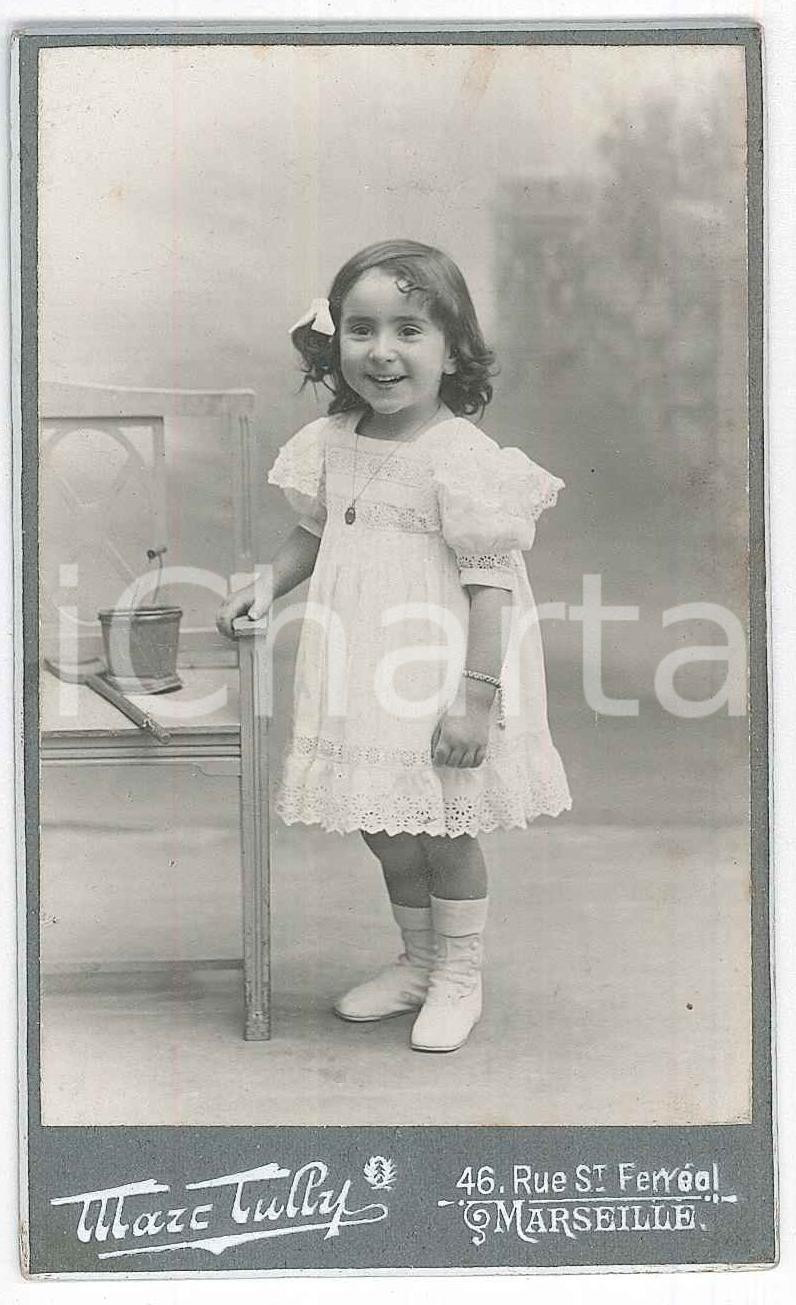 Fotografia d epoca originale 1900 ca MARSEILLE Portrait de petite fille Photo Marc TULLY CDV 1