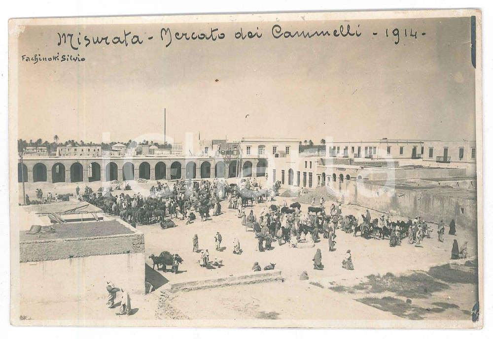 1914 MISURATA (LIBIA ITALIANA) Mercato dei cammelli - Foto ANIMATA 17x10,5 cm Fotografia d'epoca, con didascalia manoscritta al recto.FOTOGRAFO: Silvio Fachinotti POOR/danneggiato piccole abrasioni al recto; vasti residui cartacei e di colla al verso Formato: 17x10,5 cm originale e autentica 1