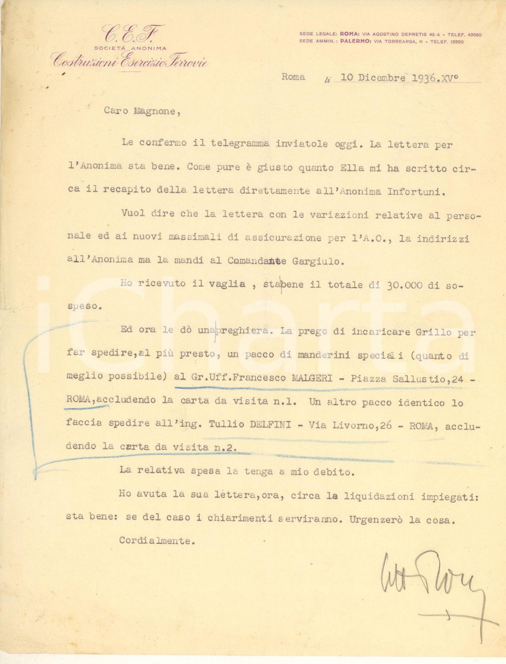 Documento originale, autentico 1936 ROMA Società Anonima Costruzioni Esercizi Ferrovie  Lettera sul personale 1