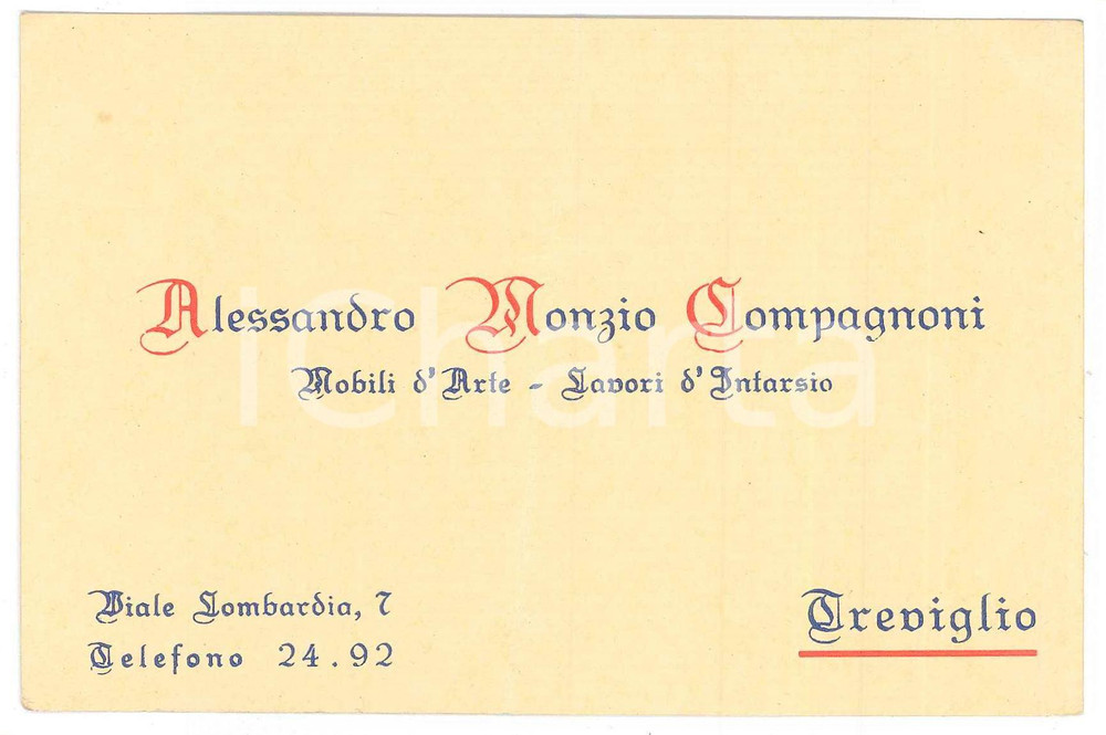 1955 ca TREVIGLIO Alessandro MONZIO COMPAGNONI Mobili d'arte - Biglietto 14x9  Biglietto pubblicitario d'epoca. POOR/danneggiato Profonda piegatura centrale Formato: 14x9 originale e autentica 1