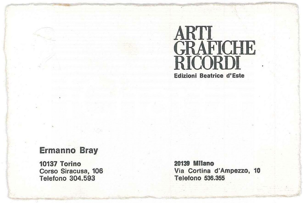1955 ca TORINO Ermanno BRAY Arti Grafiche Ricordi - Biglietto 11x7 cm Biglietto d'epoca GOOD/buono  Formato: 11 x 7 cm originale e autentica 1