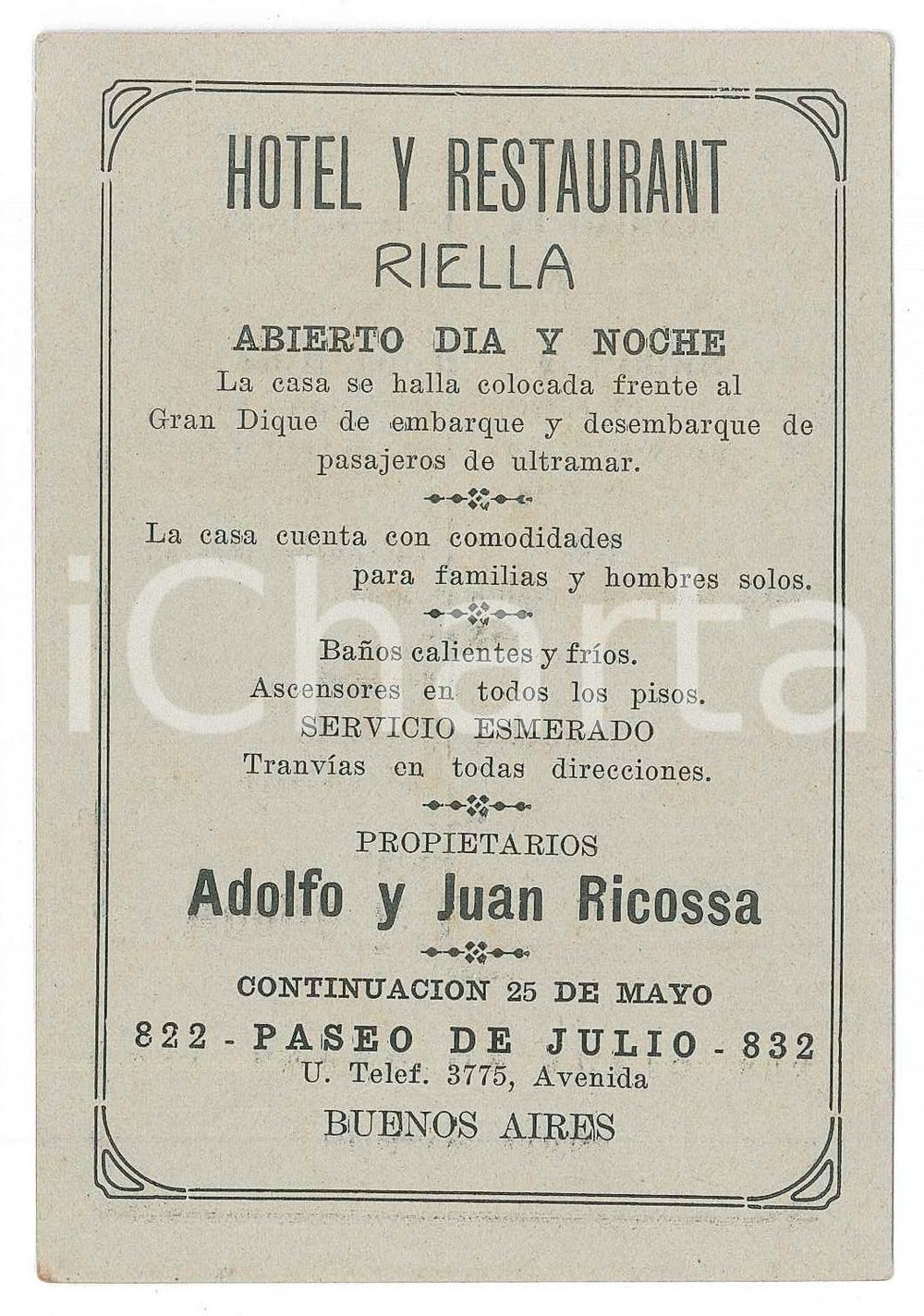 1910 ca BUENOS AIRES Hotel y Restaurant RIELLA - Adolfo y Juan RICOSSA Biglietto Biglietto pubblicitario d'epoca. GOOD/buono  Formato: 8x12 cm originale e autentica 1