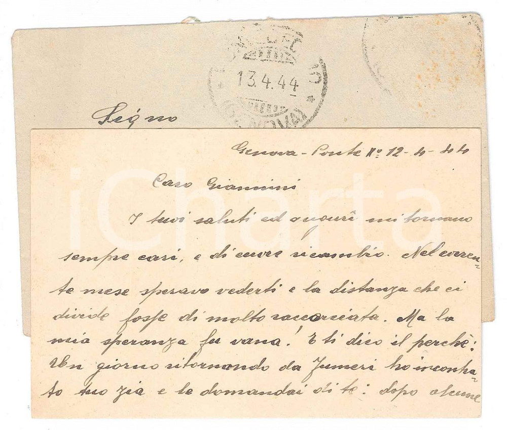 1944 GENOVA Padre Eugenio DA TORRIA cappuccino - Biglietto da visita AUTOGRAFO Biglietto da visita con messaggio autografo.Busta viaggiata.  GOOD/buono  Formato: 9x6 cm originale e autentica 1