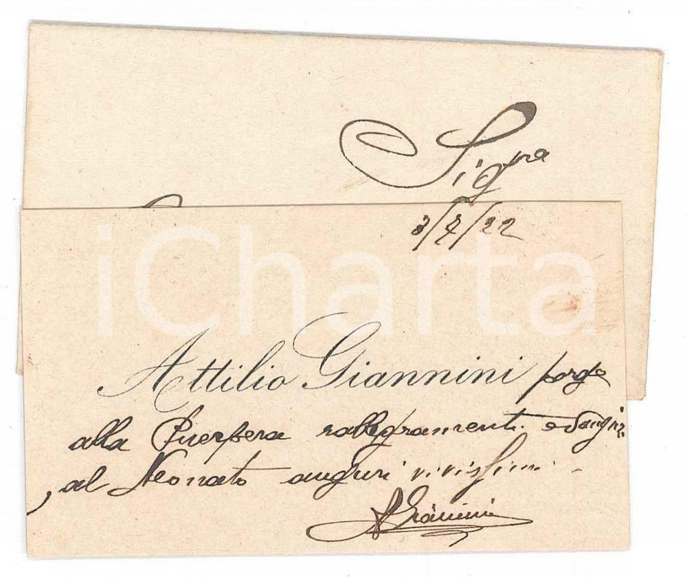 1922 GENOVA Attilio GIANNINI - Biglietto da visita per congratulazioni Biglietto da visita con messaggio autografo.Busta non viaggiata.  GOOD/buono  Formato: 9x6 cm originale e autentica 1