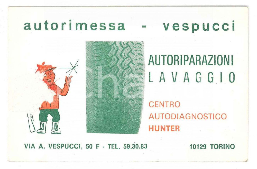 1960 ca TORINO Via Vespucci - Autorimessa VESPUCCI Biglietto da visita 10x6 cm Biglietto d'epoca VERY POOR/gravemente danneggiato Estesa abrasione al recto Formato: 10 x 6 cm originale e autentica 1