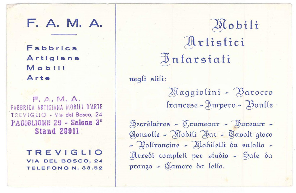 1965 ca TREVIGLIO Mobili d'arte FAMA - Biglietto pubblicitario 15x10 cm  Biglietto illustrato d'epoca. FAIR/discreto Lieve piegatura all'angolo superiore sinistro Formato: FG originale e autentica 1