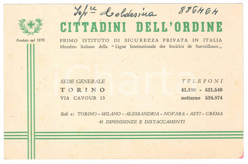 1960 ca TORINO - CITTADINI DELL'ORDINE Sicurezza privata - Biglietto 14x9 cm  Biglietto pubblicitario d'epoca. FAIR/discreto Lieve piegatura all'angolo superiore sinistro Formato: 14x9 originale e autentica 1