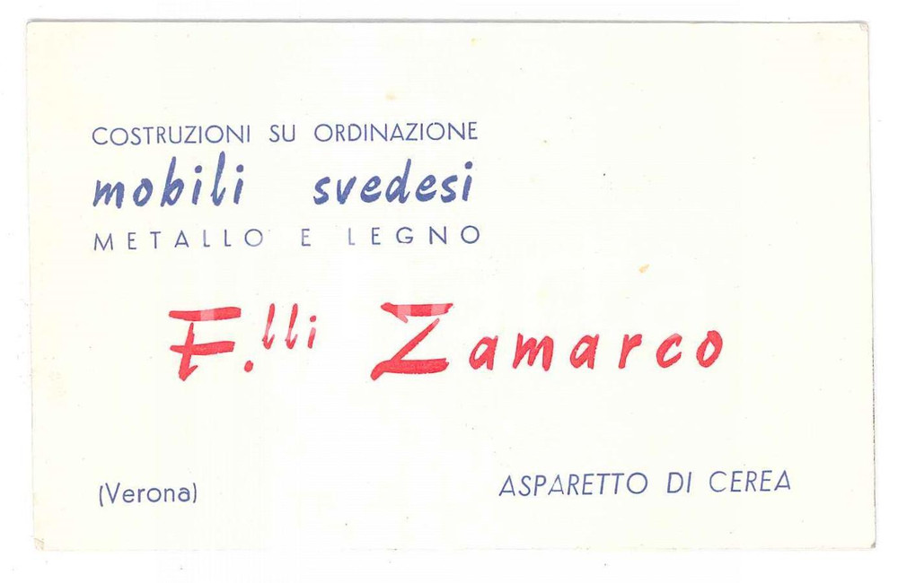 1955 ca ASPARETTO DI CEREA Fratelli ZAMARCO Mobili svedesi - Biglietto 11x7 cm Biglietto d'epoca GOOD/buono  Formato: 11 x 7 cm originale e autentica 1
