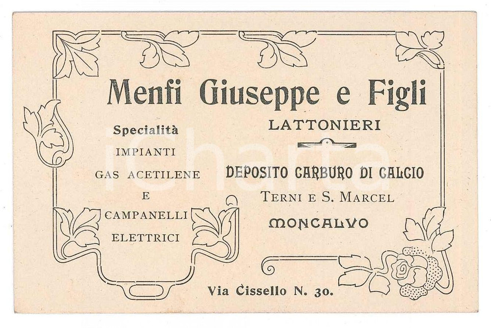 1910 ca MONCALVO (AT) MENFI Giuseppe e Figli - Lattonieri - Biglietto Biglietto pubblicitario d'epoca. GOOD/buono  Formato: 11x7 cm originale e autentica 1
